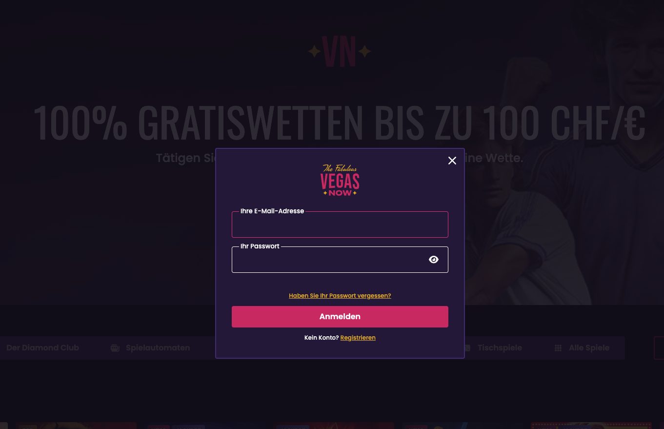 Anmeldeseite und Kontozugang bei VegasNow Online
